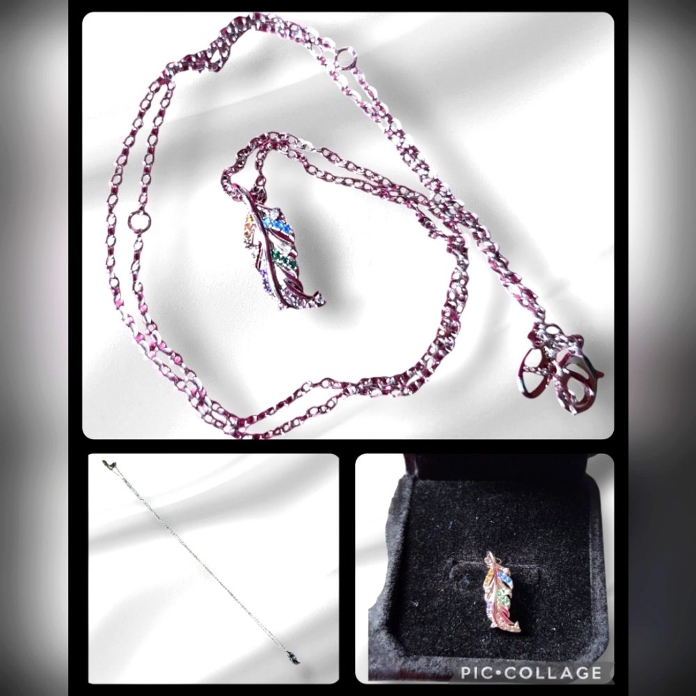 Feather NEW  925 Sterling Silver Charm Necklace features Color Rhinestones NIB